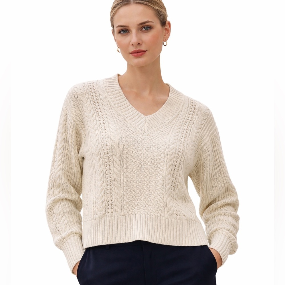 J. Crew Cable Knit V-neck Sweater in Cream